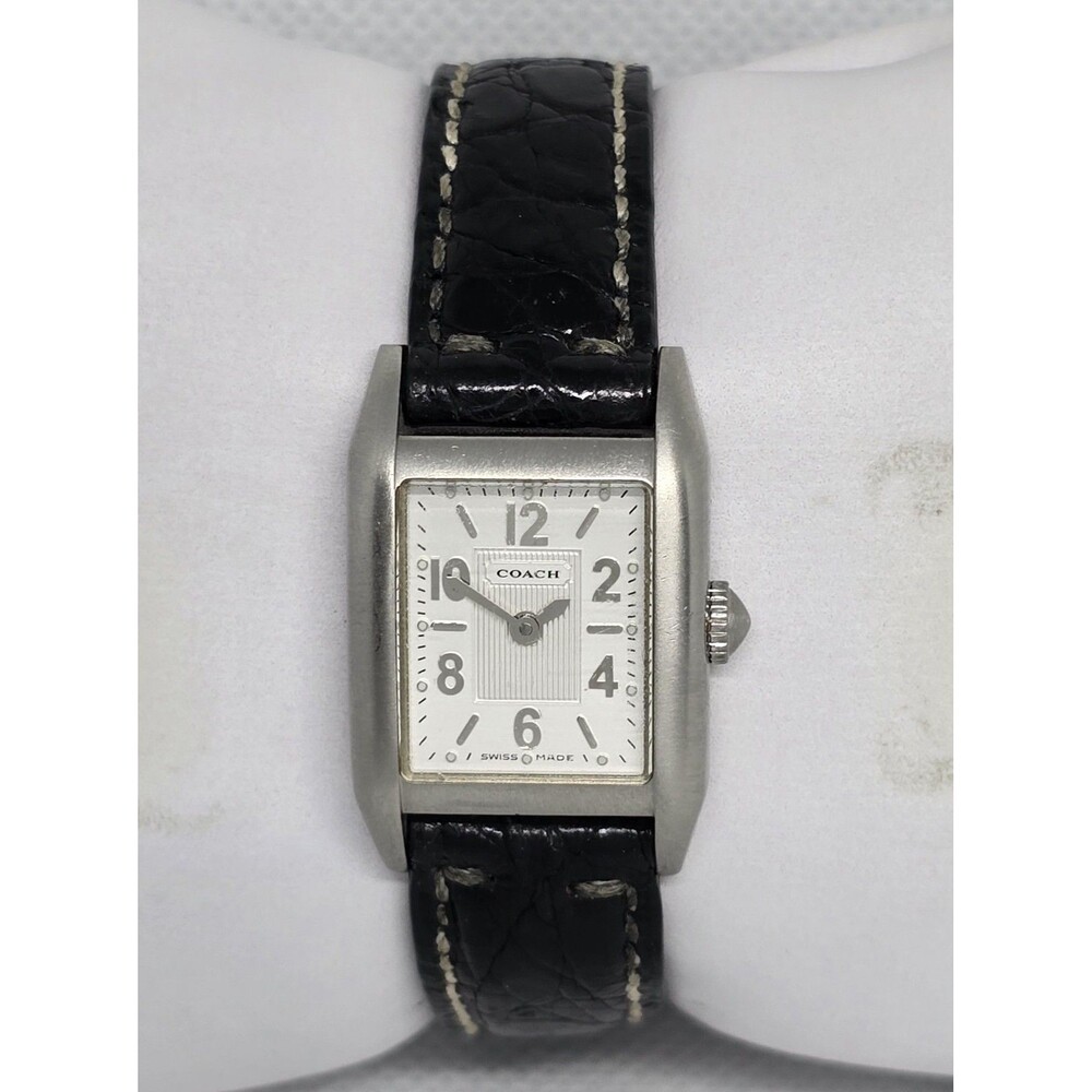 Women's Coach Swiss Made Petite Tank Silver Tone Black Leather Strap Watch 12 - Picture 5 of 9